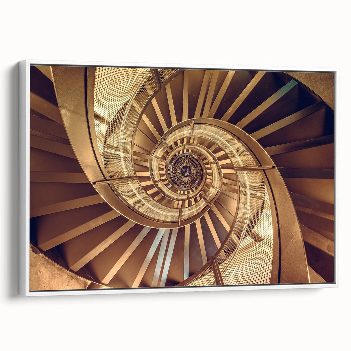 Vintage poster art of a spiral staircase in black and white, framed canvas, ideal for living room decor.