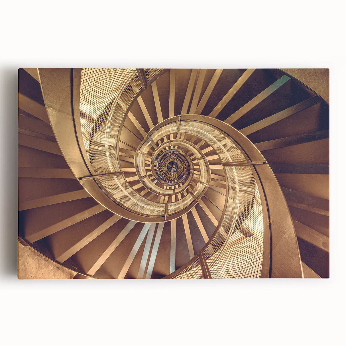 Spiral staircase design in black and white on stretched canvas, ideal for kitchen wall art.