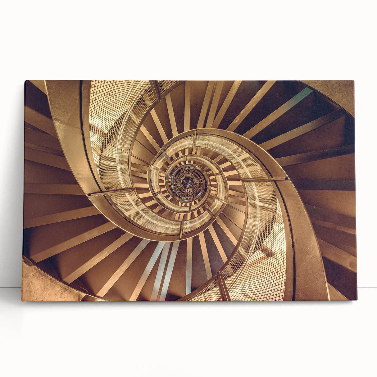 Black and white photo of a spiral staircase on stretched canvas, suitable as large kitchen wall art or bedroom decor.