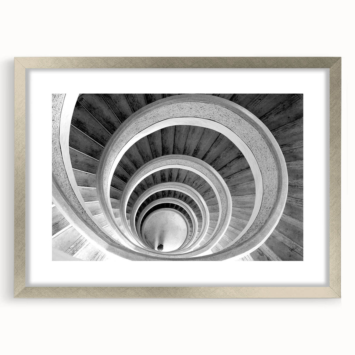 Textured art of an abstract staircase in muted gray and silver tones on a framed print, suitable for bedroom decor.