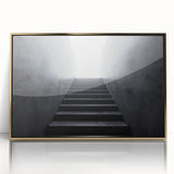 Mid-century modernist large art print of a spiral staircase in muted gold tones on framed acrylic.