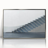 Mid-century modernist art of a spiral staircase in muted gray tones, acrylic print framed in silver.