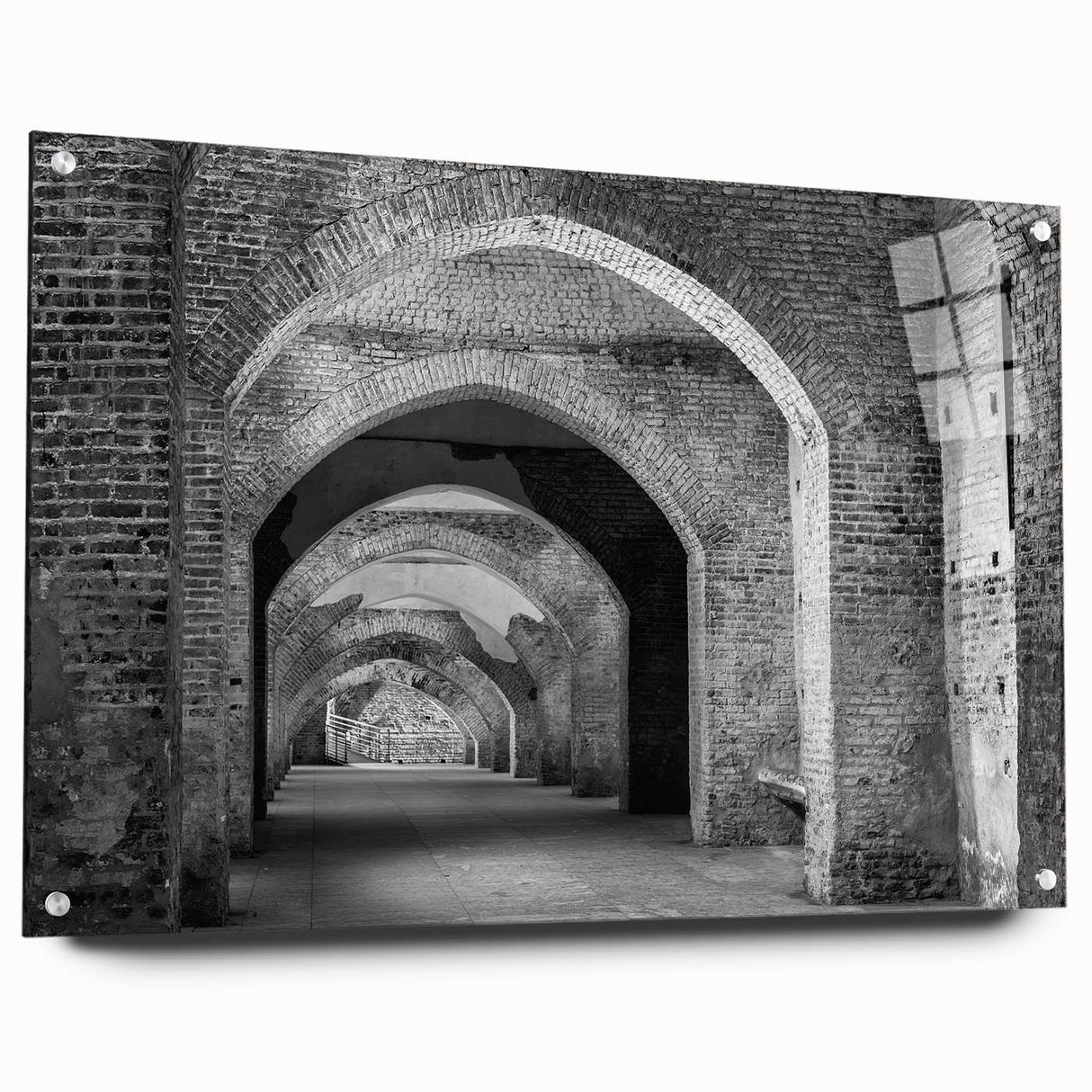 Large abstract wall art on acrylic glass depicting interconnected tunnels in gray and blue tones.