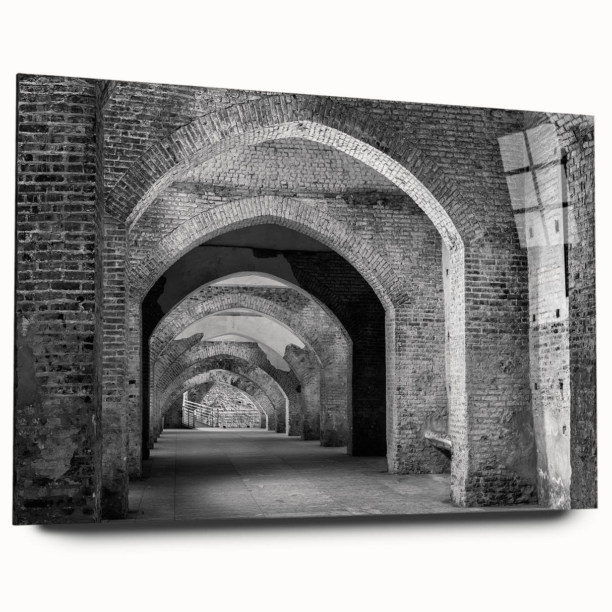 Large abstract wall art on acrylic glass featuring curved lines in muted grays and whites.