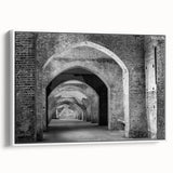 Vintage poster art of colorful abstract tunnels on a large framed canvas, ideal for living room decor.
