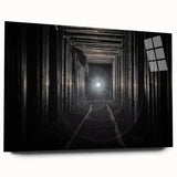 Large abstract wall art on acrylic glass depicting geometric tunnels in monochrome shades.
