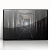 Large abstract wall art featuring a geometric tunnel design in black and white, framed acrylic.