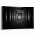 Black and white framed canvas featuring a vintage poster art style landscape of architectural tunnels.