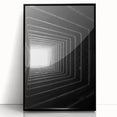 Large abstract wall art featuring geometric shapes in black and white, framed in black acrylic.