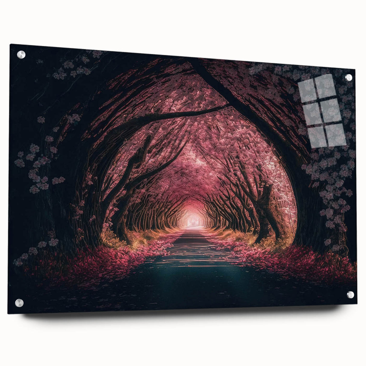 Large abstract wall art on acrylic glass depicting architectural tunnels in muted gray tones.