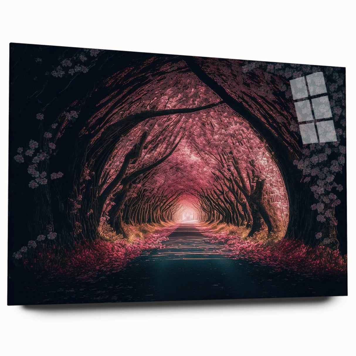 Large abstract wall art on acrylic glass depicting a tunnel design in grayscale.