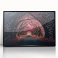 Large abstract wall art depicting geometric tunnels in black and gray tones, framed acrylic.