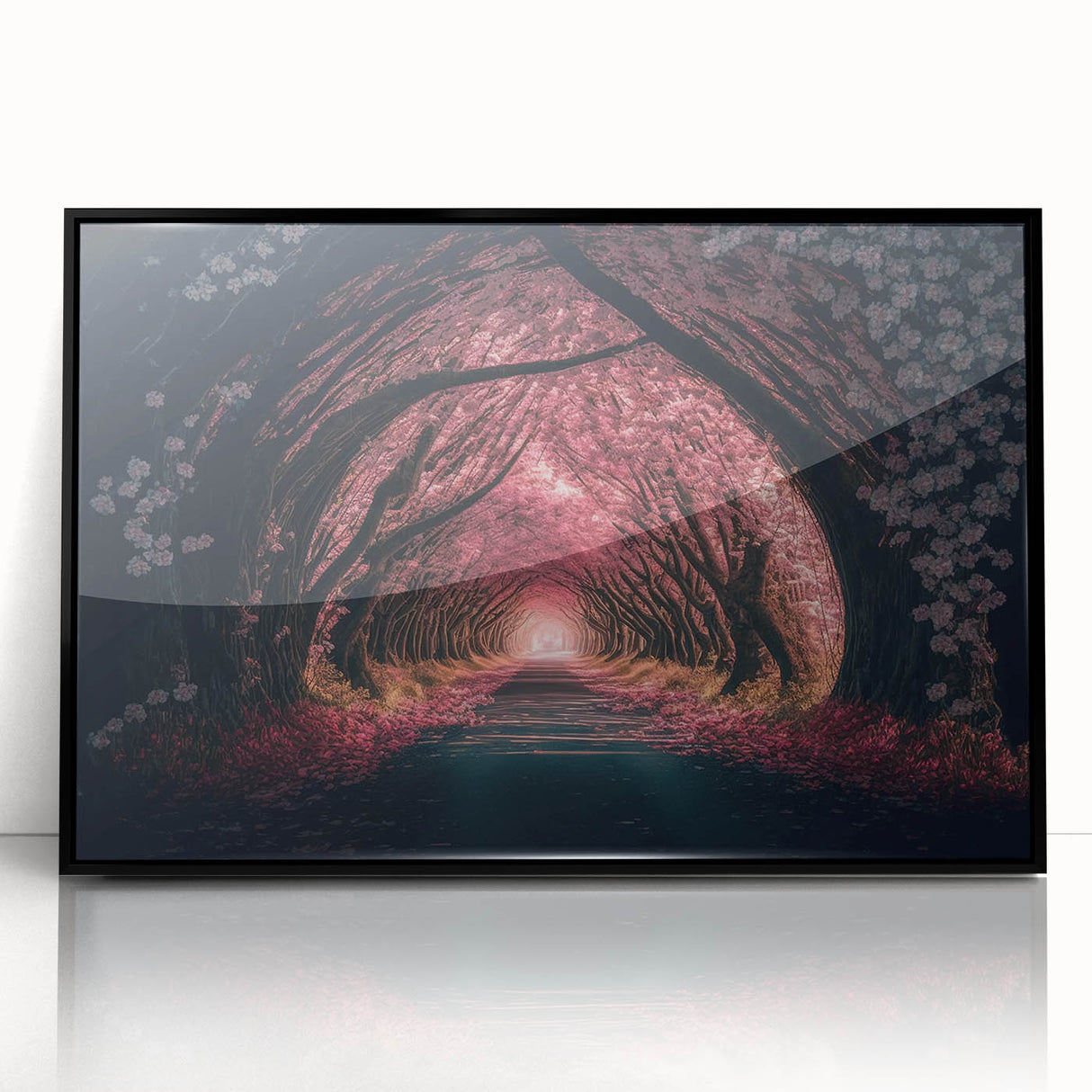 Large abstract wall art depicting geometric tunnels in black and gray tones, framed acrylic.