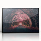 Large abstract wall art depicting geometric tunnels in black and gray tones, framed acrylic.
