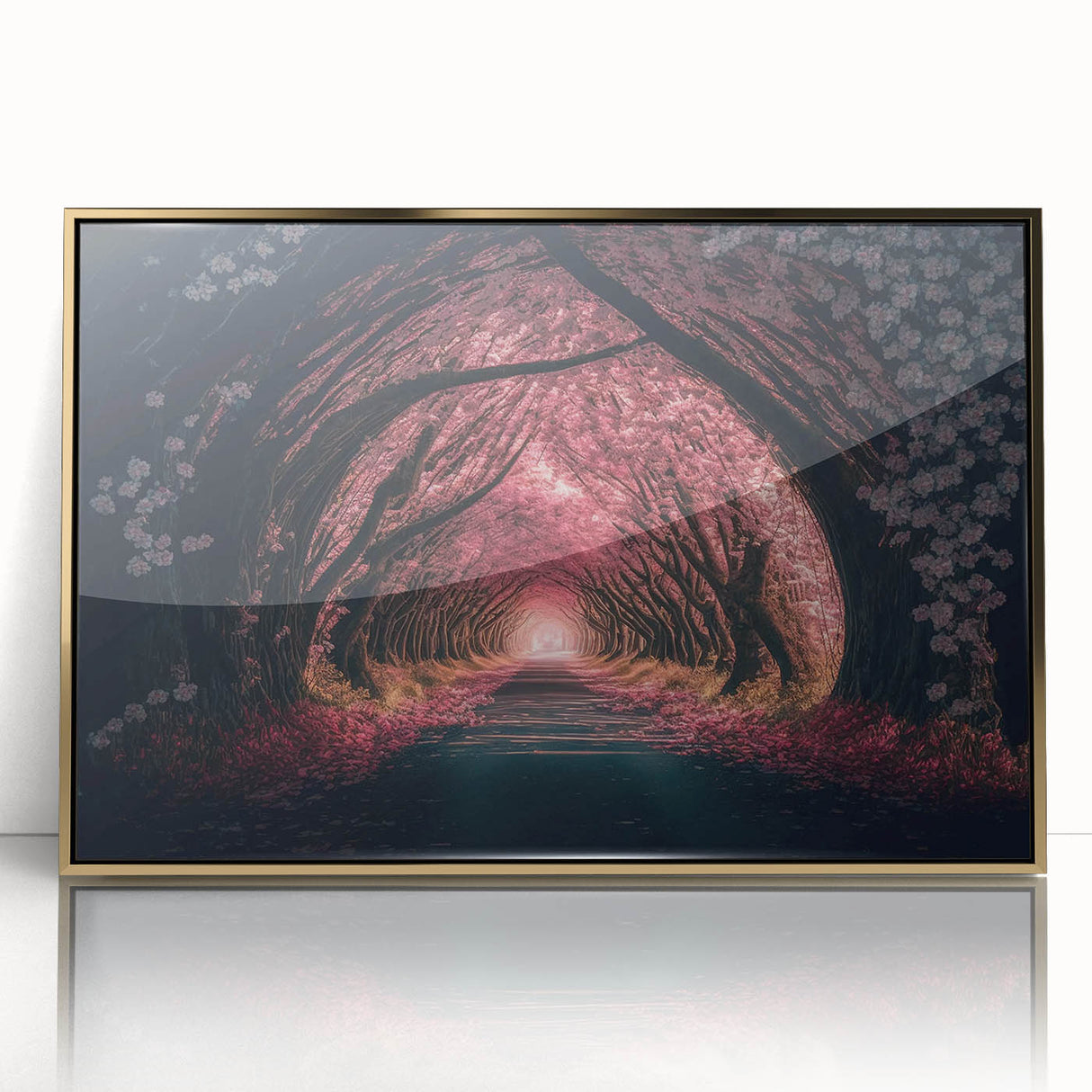 Large art print of a mid-century modernist tunnel architecture in muted gold tones, acrylic framed.