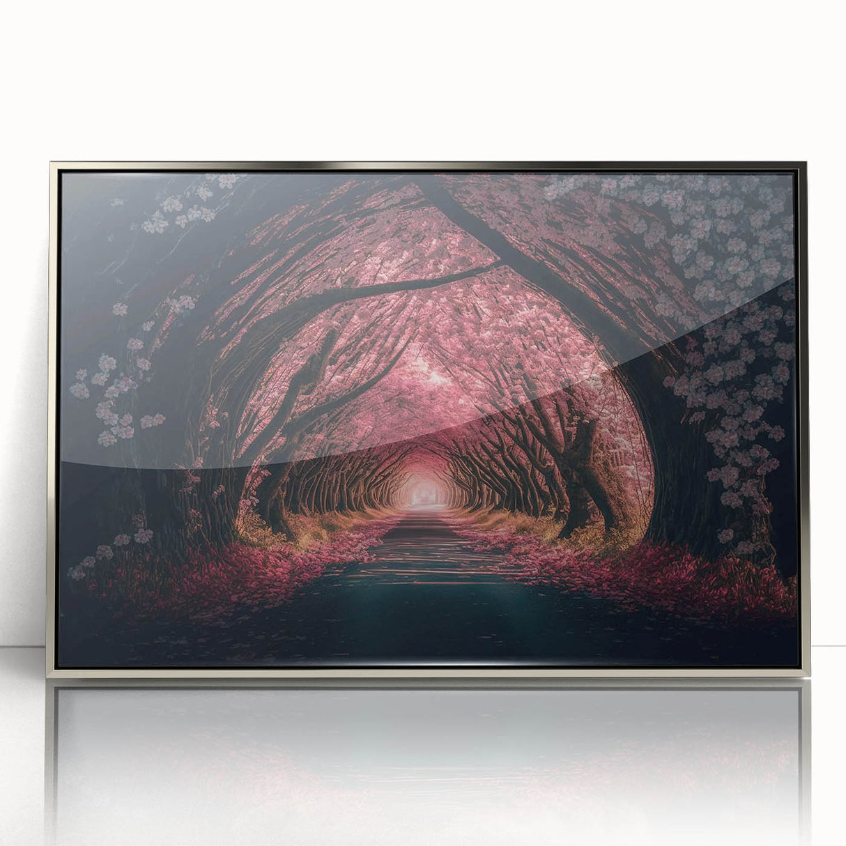 Mid-century modernist art featuring abstract silver tunnels on a framed acrylic, ideal for nursery wall art.