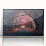 Mid-century modernist art featuring abstract silver tunnels on a framed acrylic, ideal for nursery wall art.
