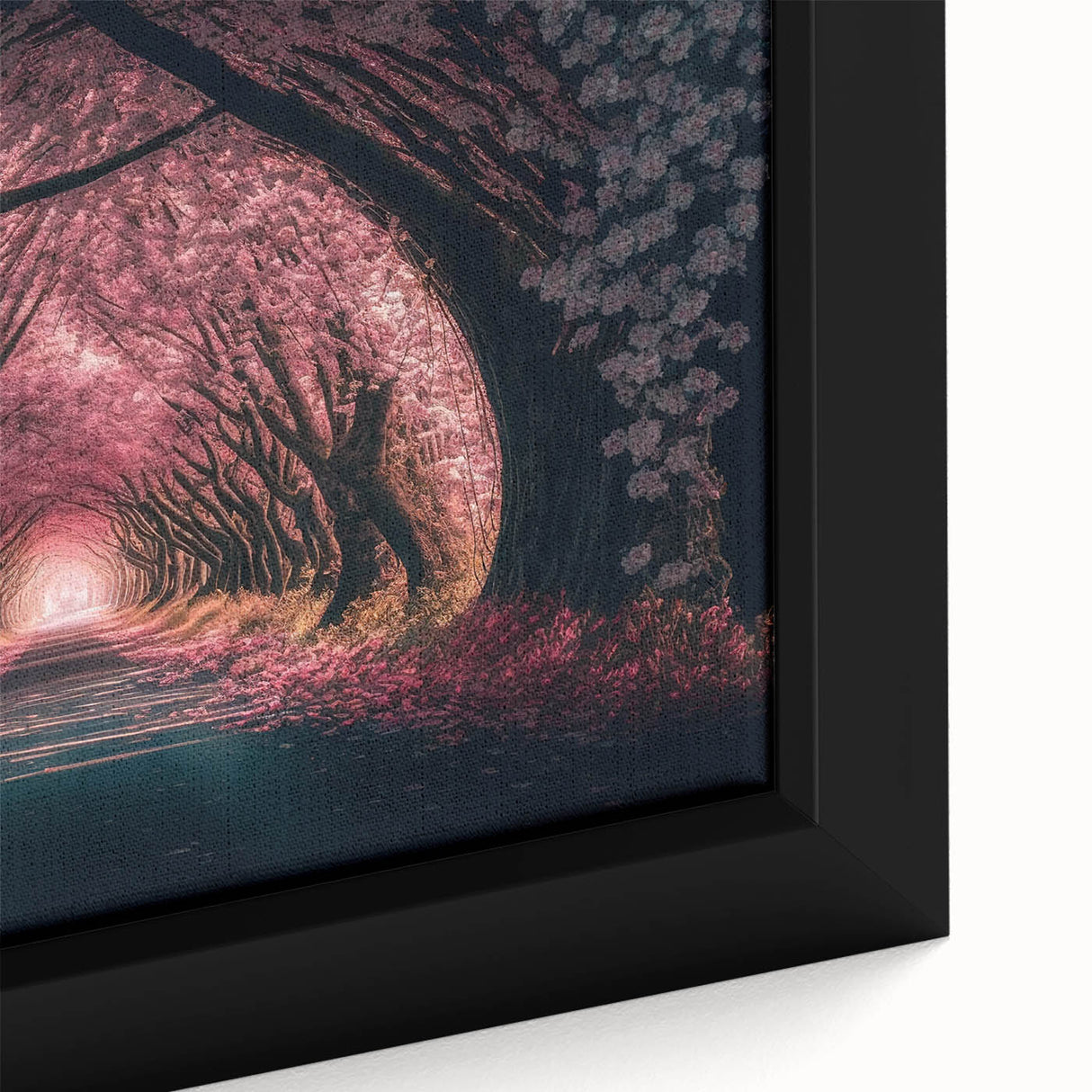 Extra large framed canvas featuring a black textured tunnel design with colorful art accents, ideal for living room decor.