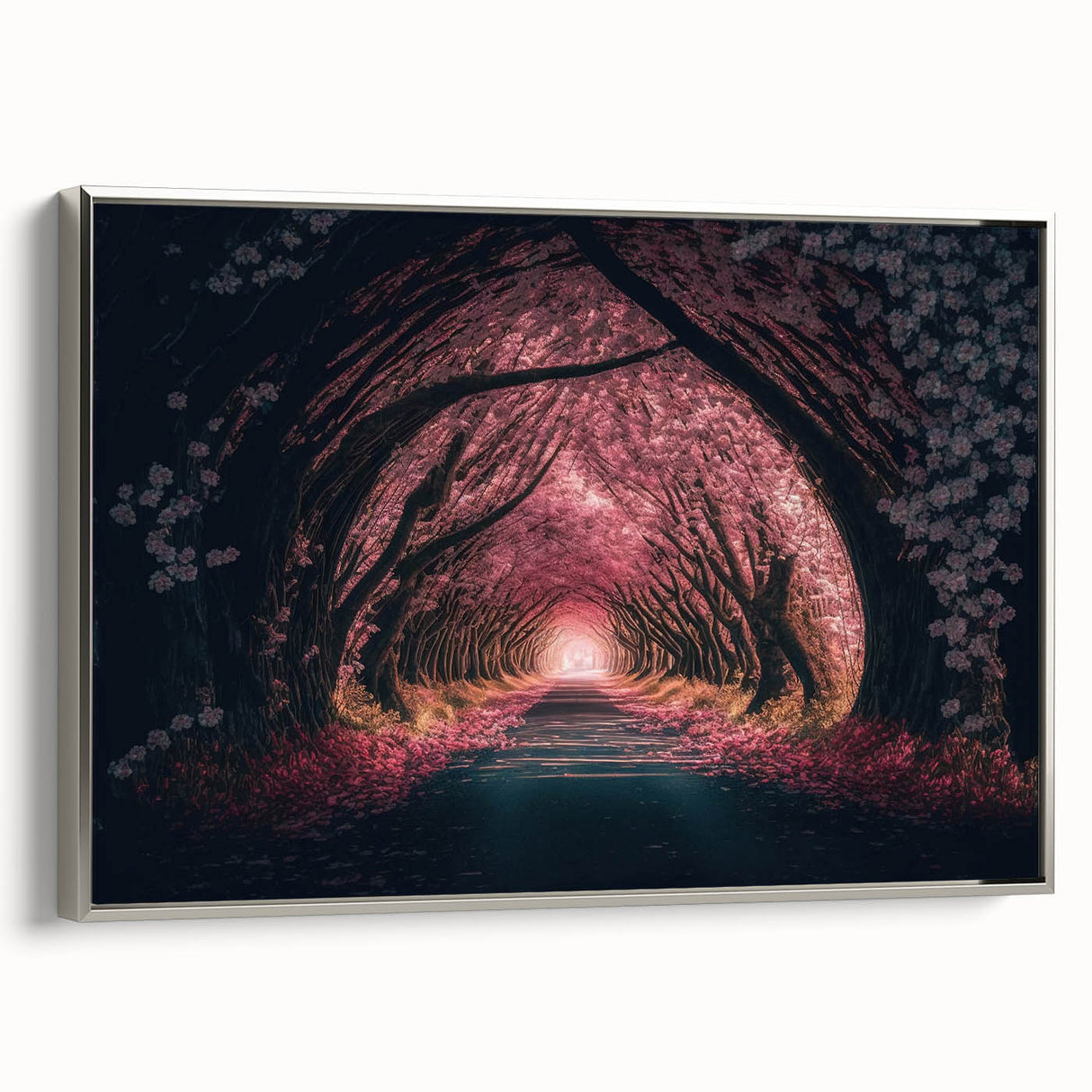 Framed canvas depicting a vintage tunnel landscape in black with colorful accents, ideal for office decor.