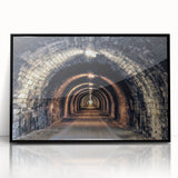 Large abstract wall art depicting architectural tunnels in black and white, framed acrylic, ideal for modern art wall decor.