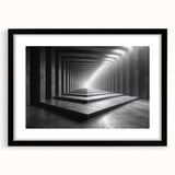 Extra large abstract art print featuring colorful, textured tunnel design on a black framed canvas.