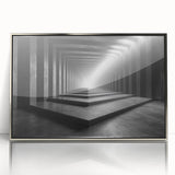 Mid-century modernist art depicting geometric tunnels in silver and gray tones on a framed acrylic.