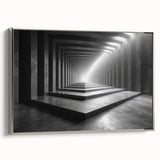 Framed canvas featuring a vintage poster of a landscape tunnel design in black with colorful accents, ideal for office decor.