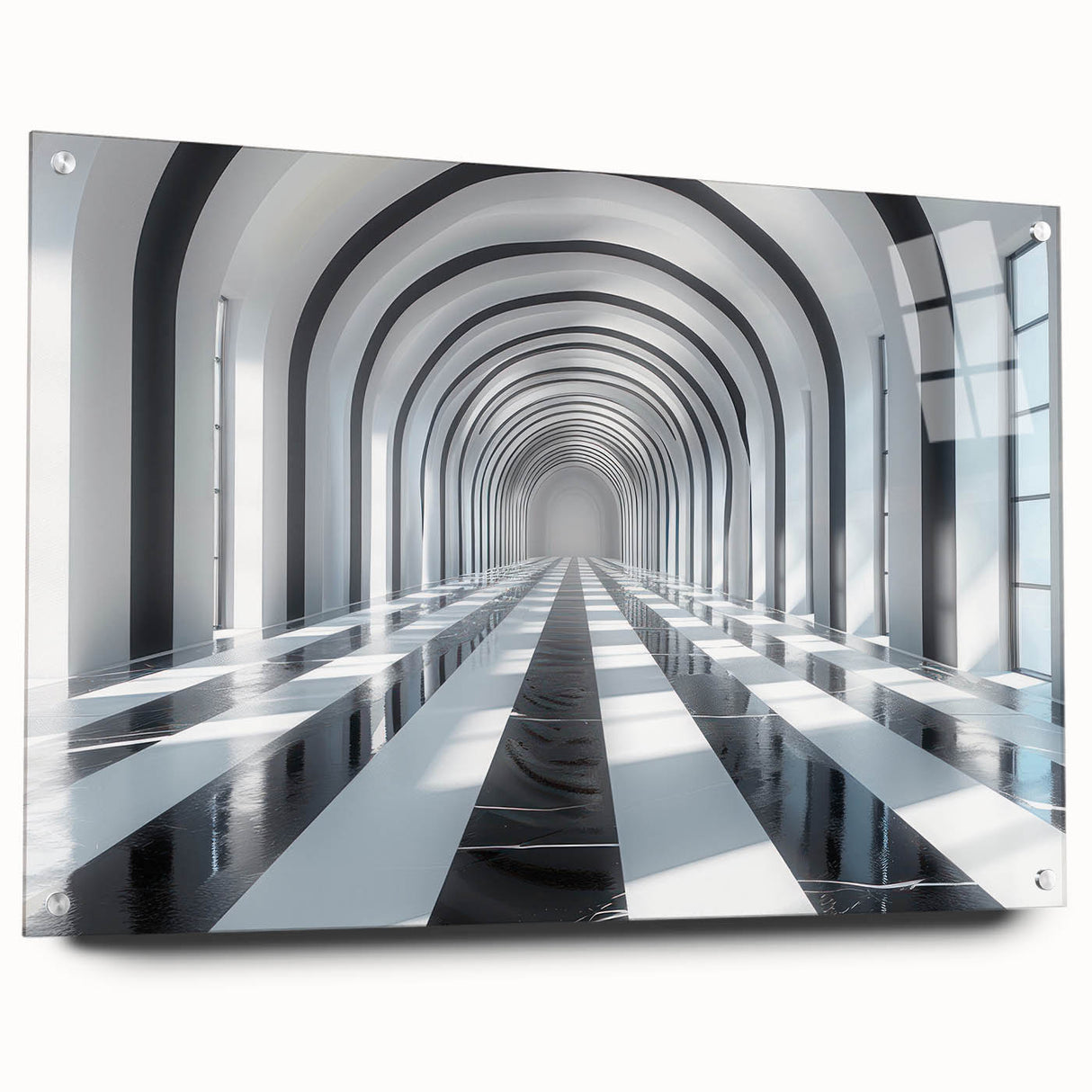 Acrylic print of a large abstract tunnel design in neutral gray tones, ideal for modern bedroom or dining room decor.