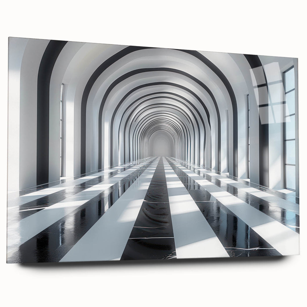 Large abstract wall art on acrylic glass depicting intertwining tunnels in gray and blue tones.