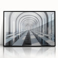 Large abstract wall art featuring a mid-century modernist tunnel design in black and white, acrylic print framed in black.