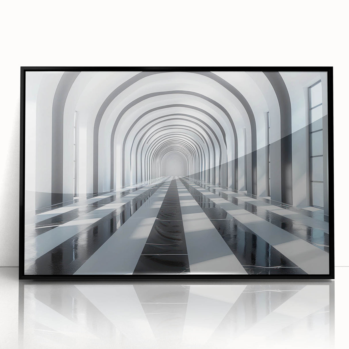 Large abstract wall art featuring a mid-century modernist tunnel design in black and white, acrylic print framed in black.