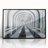 Large abstract wall art featuring a mid-century modernist tunnel design in black and white, acrylic print framed in black.