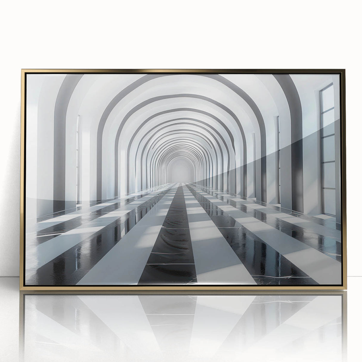 Framed acrylic print featuring a mid-century modernist tunnel architecture in muted gold tones.