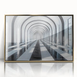 Framed acrylic print featuring a mid-century modernist tunnel architecture in muted gold tones.