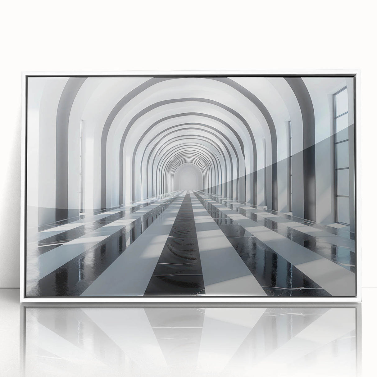 Art deco poster featuring an intricate architectural tunnel design in monochrome, framed in white acrylic.