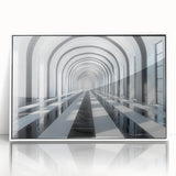 Art deco poster featuring an intricate architectural tunnel design in monochrome, framed in white acrylic.