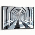 Black and white framed canvas featuring a vintage poster art style landscape of architectural tunnels.