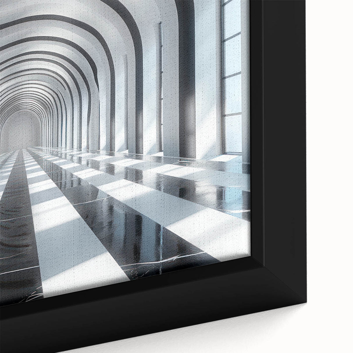 Extra large framed canvas featuring a black textured tunnel design with colorful art accents, ideal for living room decor.