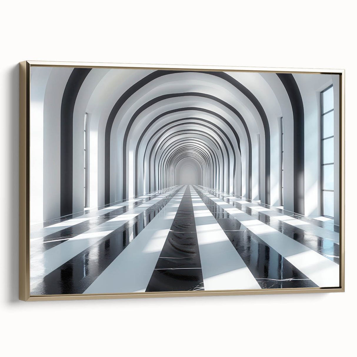 Framed canvas featuring a black and gold vintage tunnel design, ideal for bedroom wall art.