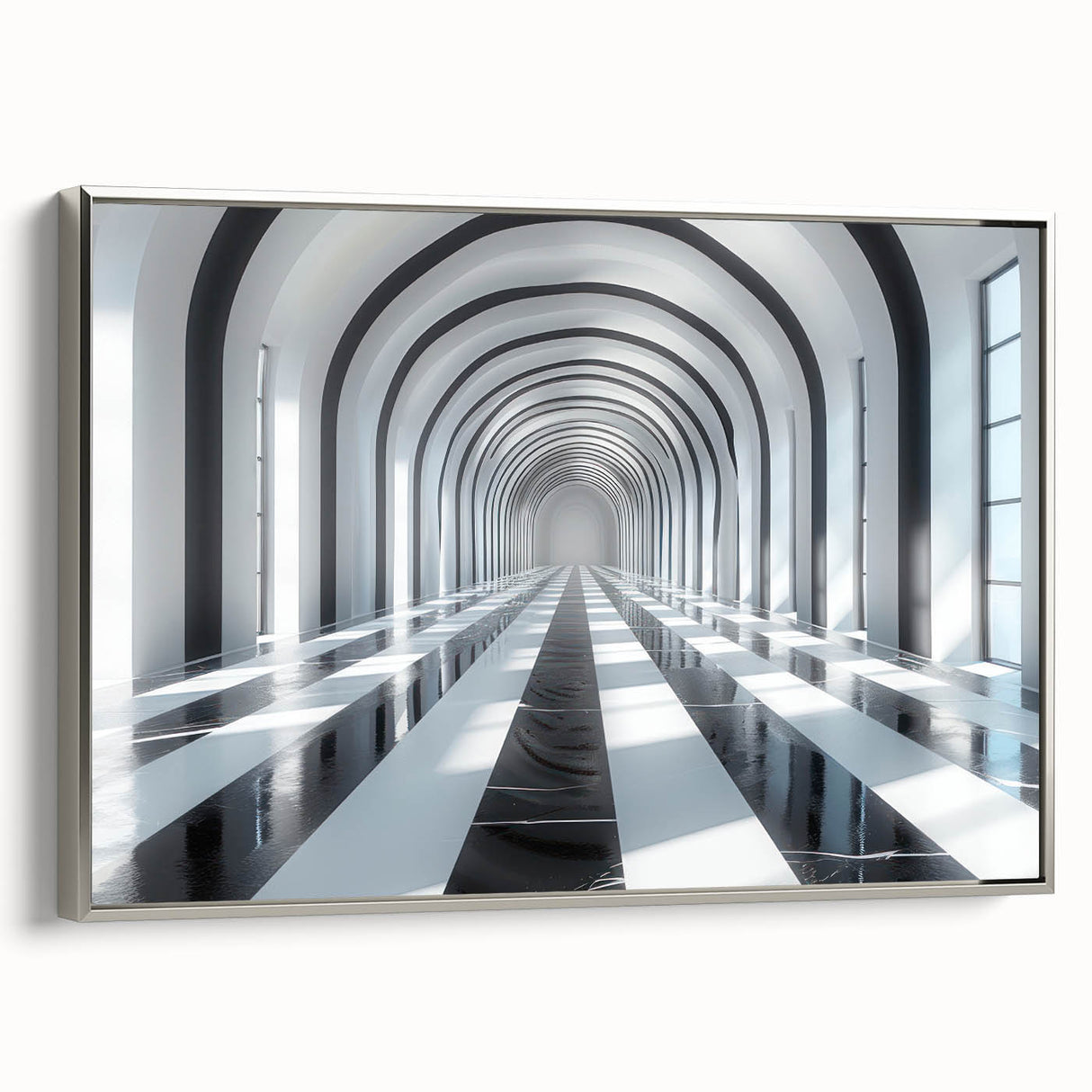 Framed canvas depicting a vintage-style landscape painting of colorful tunnels in black, ideal for office decor.