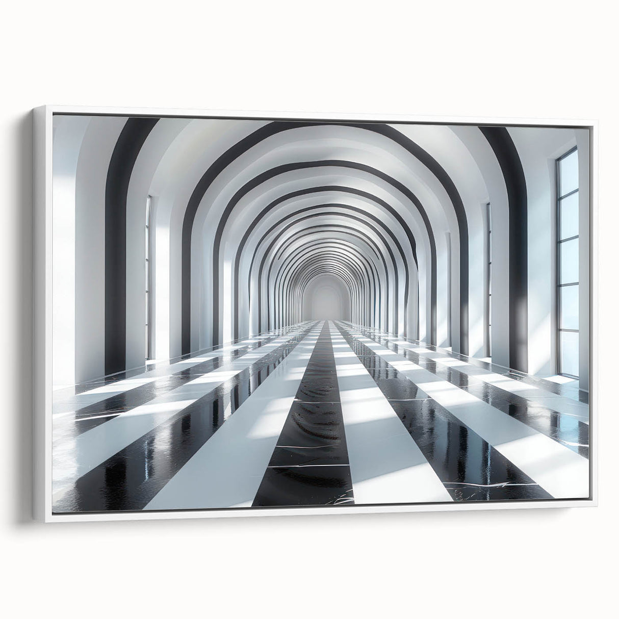 Vintage poster art of colorful architectural tunnels on a large framed canvas, ideal for living room decor.