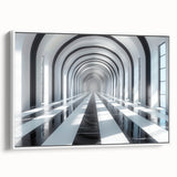 Vintage poster art of colorful architectural tunnels on a large framed canvas, ideal for living room decor.