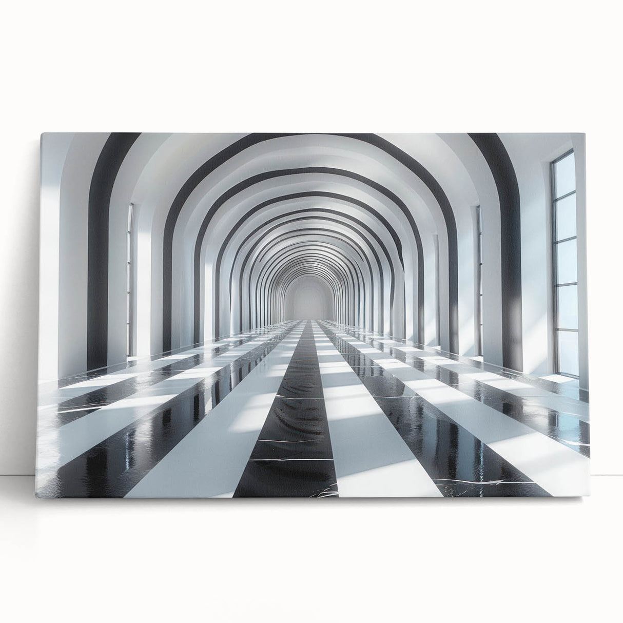 Black and white photo of architectural tunnels on stretched canvas, ideal for kitchen wall art or bedroom ambiance.