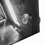 Large abstract wall art on acrylic glass featuring mid-century modernist architecture tunnels in monochrome.