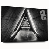 Large abstract wall art on acrylic glass depicting geometric tunnel designs in monochrome shades.