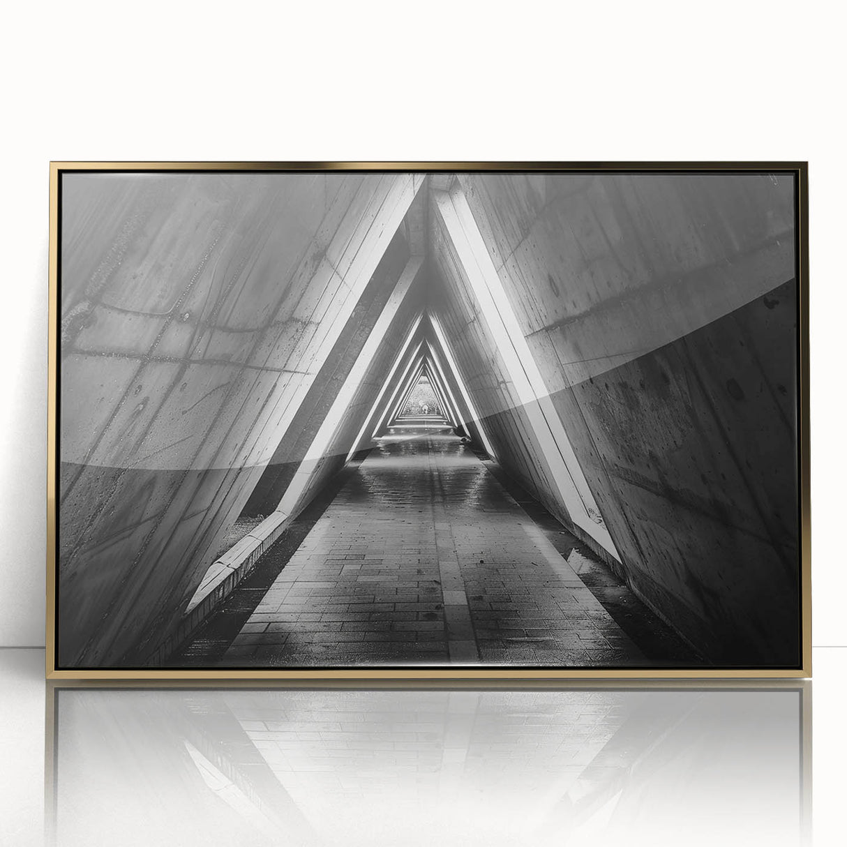 Mid-century modernist tunnel architecture in gold and black hues, acrylic print, suitable for modern art wall decor.