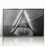 Mid-century modernist tunnel architecture in gold and black hues, acrylic print, suitable for modern art wall decor.