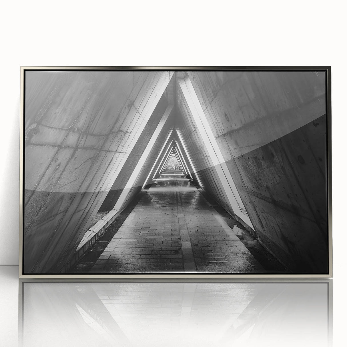 Mid-century modernist art of architectural tunnels in silver frame, suited for nursery wall art.