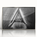Mid-century modernist art of architectural tunnels in silver frame, suited for nursery wall art.