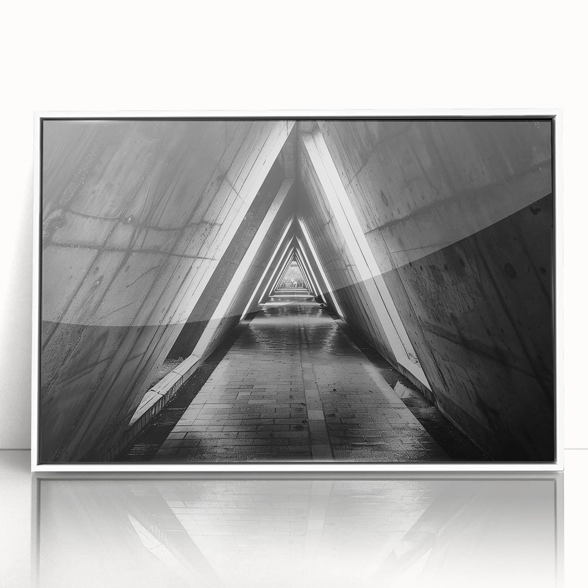 Art deco poster of architecture tunnels design in black and white, framed acrylic.